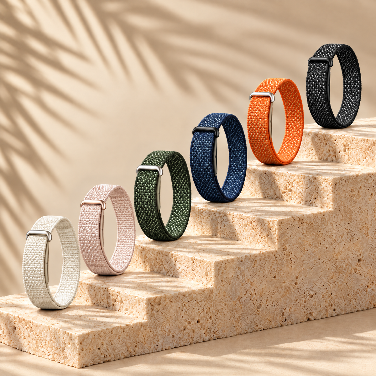Everloop Trio Pack, three woven nylon bands on stone steps